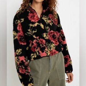 Urban Outfitters Black and Pink Floral Teddy Fleece